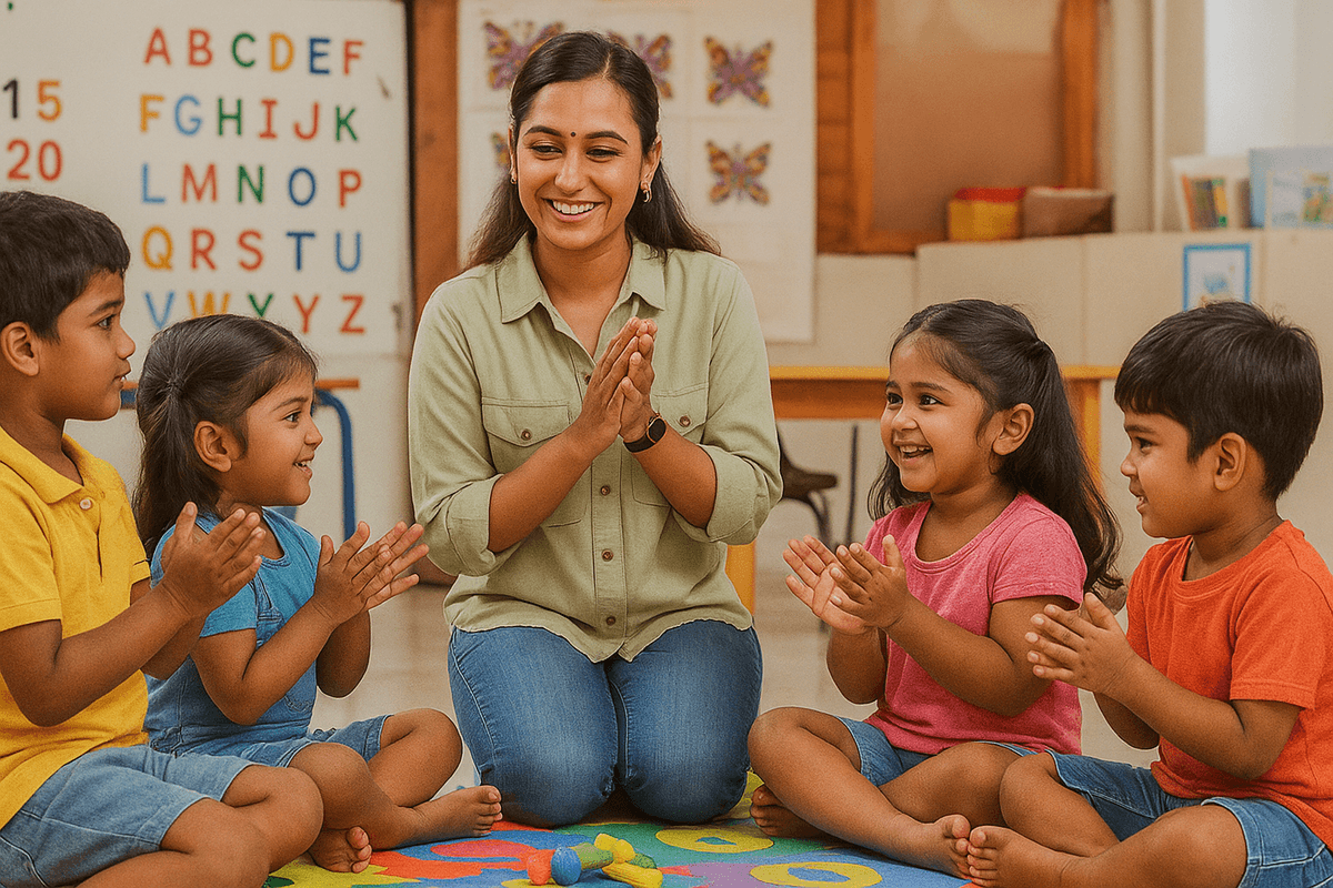 Akhsharam Play School teacher guiding kids in classroom – Namakkal preschool